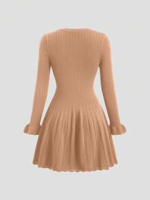 GlowEve Váy len ngắn tay dài màu xanh navy thanh lịch kiểu Pháp đầu thu, viền bèo nhún cổ điển, duyên dáng, thích hợp mặc đi làm - Màu Hồng  San hô - Xem 2