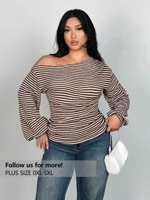 Firerie Tricou cu mânecă lungă cu umeri oblici, mărime plus, mânecă lungă cu textură de ananas, topuri asimetrice de toamnă pentru femei