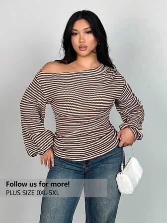 CurvyTilda Plus Size Oblique Shoulder Long Sleeve T-Shirt, Pineapple Texture Long Sleeve, Asymmetric Autumn Women Tops Plus Size Long Sleeve Top Cute Plus Size Tops Plus Size Striped Top Plus Size Off Shoulder Top Plus Size Tops