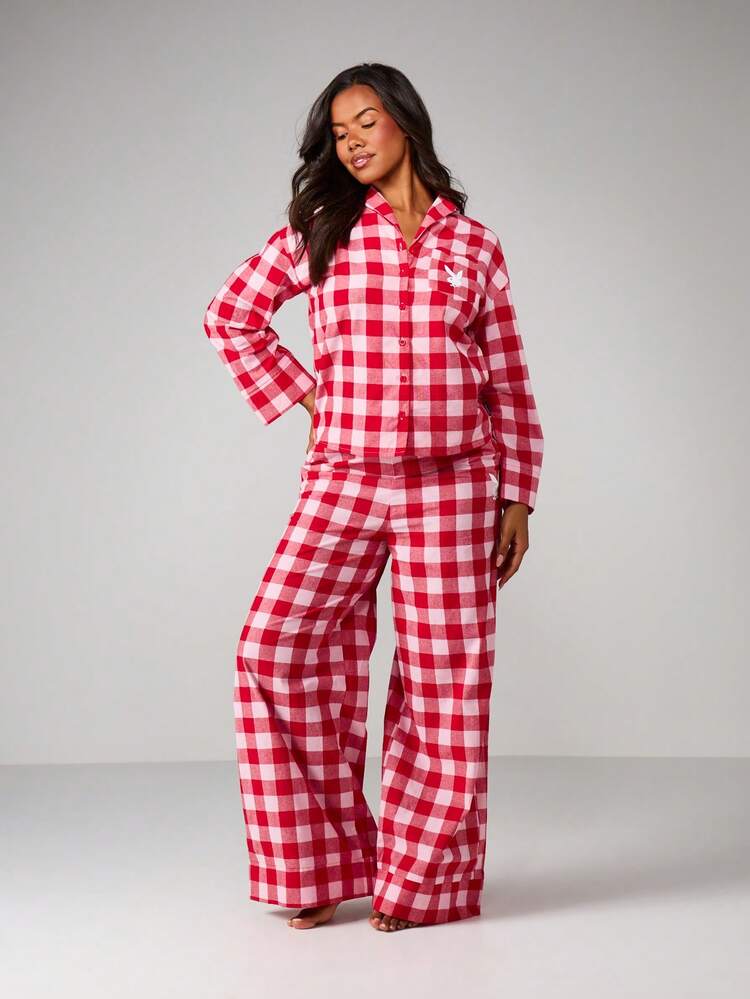 Missguided x Playboy Christmas Christmas Gingham Check Pajama Set With Wide Leg