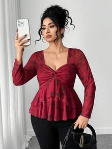 Elenzga Women's Elegant Long Sleeve Floral Ruffle Trim Blouse