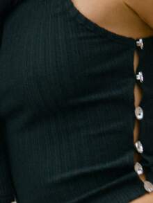 Nöista Sleeveless Black Ribbed Knit Top With A Round Neckline. Decorative Metallic Buttons Run Along The Sides. Spring, Summer, Night Top, . - Black - View 7