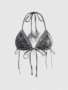 ROMWE Hippie Conjunto de bikini de dos piezas con cordones y peludo estilo Y2K para mujeres - Plateado - Ver 5