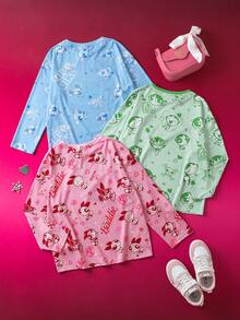 THE POWERPUFF GIRLS X SHEIN Tween Girl 3pcs Cute Cartoon Pattern Loose Fit Dropped Shoulder Long Sleeve Knit T-Shirts In Pink, Blue, Green Cartoon Shirts For Kids Tween Girl Power Puff Pjs - Multicolor - View 2