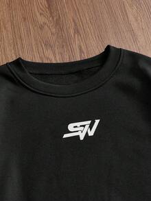 SWAVVY 男士标准尺码休闲圆领卫衣，拼接设计，黑色图案印花，秋冬季长袖上衣，保暖内衬 - 黑色 - 查看 3