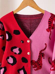 女童豹纹提花针织开衫，秋冬时尚单品 - 紅色 - 查看 3