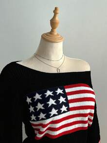 Elamini 女士休闲国旗图案提花针织毛衣，秋冬款 - 彩色 - 查看 4