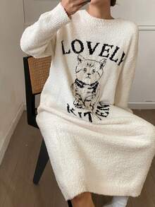 DAZY Loose Fit Cat Graphic Long Sleeve Knit Nightgown, Women Sleepwear Dress For Autumn/Winter, Moo Moo Night Dress Pajamas - White - View 6