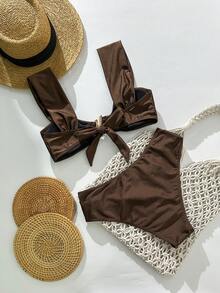 Swim Chiccia Women's Solid Color Thick Strap Metal Decor Bikini Set, Spring/Summer - Brown - View 5