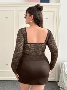 CovetEZ Plus Size Elegant Solid Color Lace Long Sleeve T-Shirt, Autumn - Brown - View 2