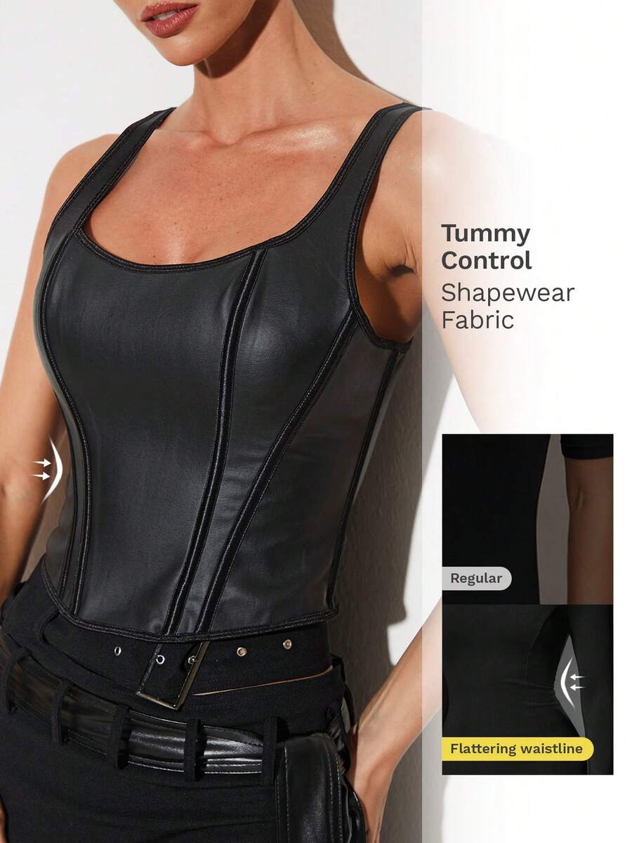 Nuvra Women's Leather Deep V-Neck Tight Fitting Bustier Corset   New Year Clothes Elegant Top Suits For Women  Suitable For Daily Wear, School, Graduation Ceremony, Retro Street, Commute, Leisure, Sports, Home ,New Year - Black - View 1