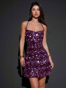 SHEIN BAE 女士优雅露背亮片吊带连衣裙，适合鸡尾酒会、浪漫约会、秋冬分层穿着、派对、正式聚会、万圣节、圣诞节 - 紫色 - 查看 1