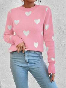 EMERY ROSE Heart Jacquard Crew Neck Casual Long Sleeve Women Sweater, Autumn/Winter - Pink - View 5