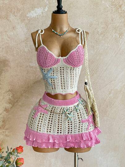 Soleia 女式两件套荷叶边挂脖毛衣套装，桃红色，带海星装饰，适合节日、约会、下午茶、海滩、游轮、城市度假、婚礼季、音乐节、波西米亚风度假