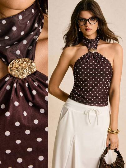 Poéselle 女士Y2K金属装饰波点印花时尚吊带背心，优雅棕色上衣，新年、圣诞派对、聚会上衣，适合日常穿着、外出、通勤、秋冬季