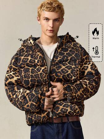 Street Life Men's Leopard Print Zip Front Drawstring Hooded Winter Jacket
