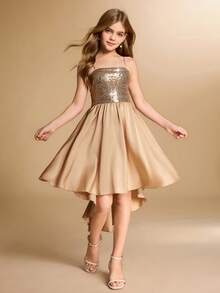 Váy satin chắp vá sequin cao cấp cho bé gái và bé gái tuổi mới lớn, viền bất đối xứng, trước ngắn, dài sau, váy trang trọng cho đám cưới, tiệc tùng, sinh nhật, giáng sinh - Rượu sâm banh - Xem 4