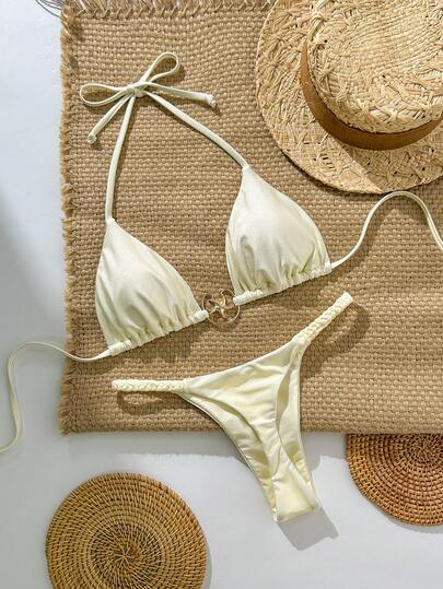 Swim Vcay Women's Solid Color Spaghetti Strap Metal Decor Thong Bikini 2-Piece Swimsuit Set, Summer Beach Holiday