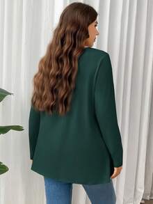 Firerie 加大码优雅休闲度假宽松长袖圆领纯色基本款分层伞形下摆 T 恤 - 墨綠色 - 查看 4