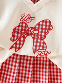 Elladie kids 2件套女婴两件套，格子领拼接长袖卫衣，饰有大蝴蝶结刺绣，格子蝴蝶结袖口，可爱迷人，搭配红白格子百褶裙，甜美活泼，非常适合小女孩。 - 杏色 - 查看 7