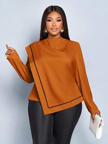 SOLERSUN 大码女式秋冬时尚休闲优雅长袖衬衫，褶裥领，方形贴片，橙色，黑色滚边，不对称下摆，适合购物、约会、通勤、商务会议、夏季度假等场合，2026新年新款，女士休闲衬衫 - 鏽棕色 - 查看 1