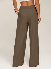 Silquee Women's Casual Solid Color Wide Leg Pants,Fall - Brown - View 2