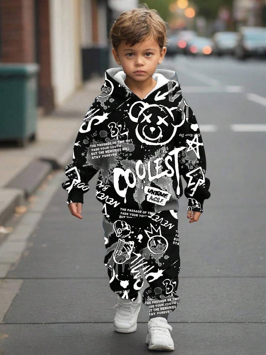 2pcs/Set Young Boys Casual Loose Comfortable King Letter Tie-Dye Gradient Streetwear Sports Style Hooded Sweatshirt Set, Suitable For Autumn/Winter - Multicolor - View 1