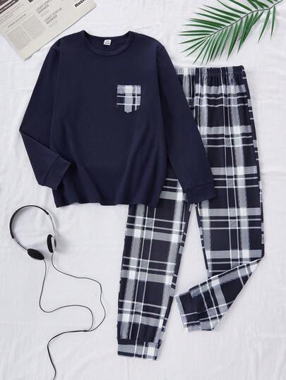 2pieces Boys' Plaid Print Casual Loungewear Set With Chest Pocket, Long Sleeve Top And Pants, Tween Boys Pajamas Fall&Winter Clothings,Best  Christmas Gift For Family, Comfortable Material Boy Clothings ,Cozy Fall & Winter Styles Clothes ,Best Christmas Gifts For Kids ,Comfortable And Soft Lingerie Sets