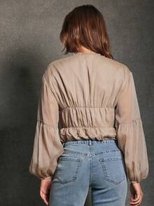 WESTFADE Áo crop top tay dài cổ chữ V cài nút phía trước chất liệu voan và ren hoa, eo rút, nhiều tầng, thu, đông, phong cách Boho, thường ngày, ngày lễ, giáng sinh, năm mới, hòa nhạc đồng quê, trang phục miền Tây - màu nâu - Xem 3