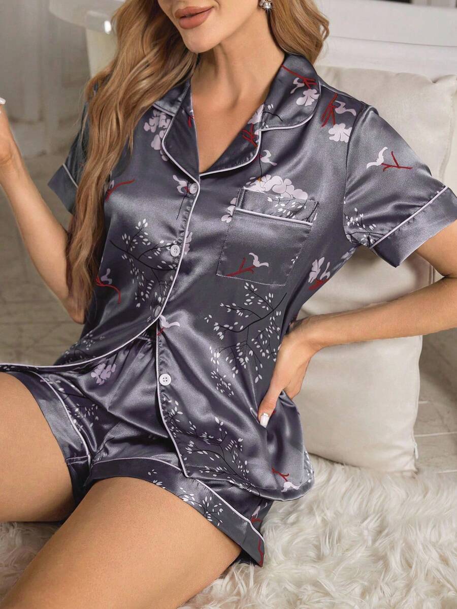 LuxeNights 花卉印花仿丝翻领女式睡衣套装 - 淺灰紫 - 查看 1