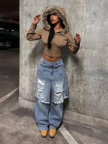 StreetHx 女式街头风连帽毛领修身长袖夹克，秋季 - 摩卡棕 - 查看 3