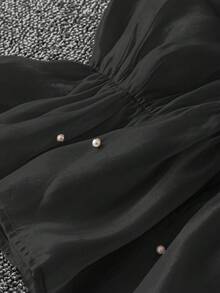 Rometta Plus Size Women's Pearl Beaded Bowknot Flare Sleeve Blouse - Black - View 3