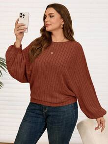 EMERY ROSE Sudadera casual de punto acanalado con cuello redondo y mangas farol para mujer de talla grande - Naranja - Ver 6