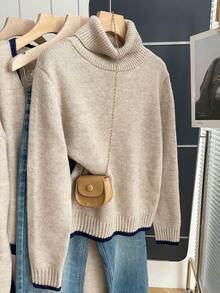 Franclia 法式复古宽松高领长袖撞色滚边针织套头毛衣，女士秋冬款 - 卡其色 - 查看 4