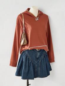 SHEIN LilyWest Áo nỉ trùm đầu màu nâu trơn phong cách Bohemian dành cho nữ, Áo nỉ thêu màu tương phản dành cho nữ - màu nâu - Xem 6