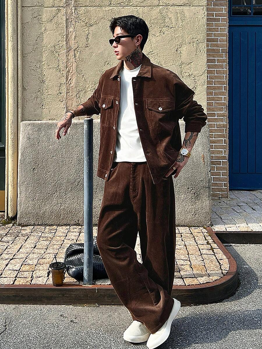DAZY 男士纯色灯芯绒外套套装,秋季度假 - 棕色 - 查看 1