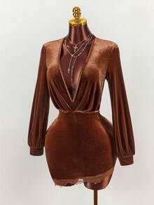Amplova Women's Coffee Brown Velvet Deep V-Neck Ruched Long Sleeve Mini Dress,Autumn 70s Party Y2K Solid Color Elegant Thanksgiving New Year - Camel - View 1
