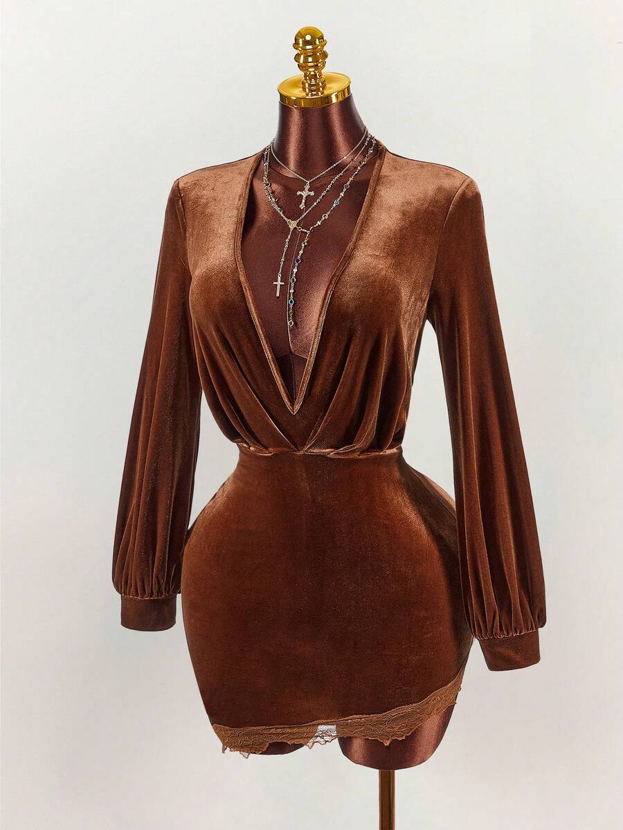 Amplova Women's Coffee Brown Velvet Deep V-Neck Ruched Long Sleeve Mini Dress,Autumn 70s Party Y2K Solid Color Elegant Thanksgiving New Year - Camel - View 1