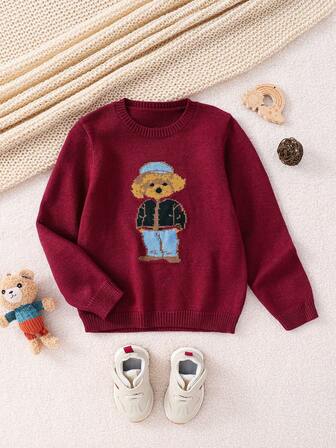 PrepCrw Young Boys Casual Bear Pattern Crew Neck Sweater, Autumn/Winter,Christmas, Holidays,Christmas Clothes For Kids,Party,New Year