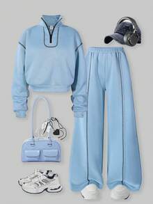 SHEIN Explorewe Streecool 青少年女孩秋冬时尚休闲简约拉链领长袖连帽衫和宽松阔腿裤 2 件套 - 藍色 - 查看 4