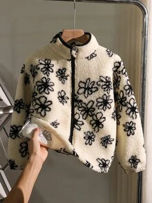 Genkimix Kids New Arrival Korean Style Tween Girl Floral Thermal Lined Zip-Up Jacket, Autumn/Winter - Black - View 7