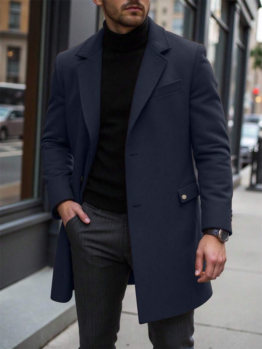 Manfinity CasualCool 男士纯色口袋纽扣长袖外套,秋季外出外套,送给朋友、丈夫、男友的冬季礼物 - 藏蓝色 - 查看 1