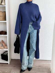 EURMUSE Maglione lungo casual da donna con collo alto e spacco profondo - Blu Navy - Visualizzare 4
