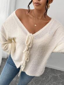 Lounesse Plus Size Women Solid Color Knit French Fuzzy Sweater, Bow Tie Front Design, Suitable For Casual, Home, And School Wear, Autumn/Winter - Apricot - View 4
