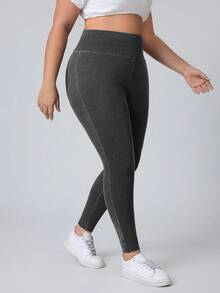 SHEIN Essnce Plus Size Women High Waisted Skinny Stretchy Knit Casual Versatile Denim Jeans - Grey - View 3