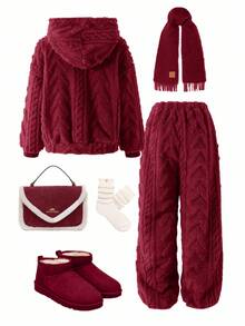 SHEIN Girlism 2pcs/Set Tween Girls Warm Textured Fleece Loose Fit Casual Hoodie And Sweatpants Set, Autumn - Burgundy - View 2