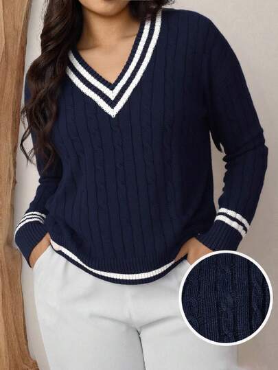 EMERY ROSE 大码女式条纹V领长袖休闲毛衣，秋冬款