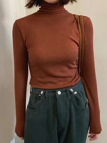 DAZY Blusa feminina de gola alta e manga comprida, ideal para usar em camadas no outono/inverno. - Ferrugem Marrom - Ver 10