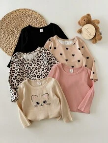 SHEIN Babygirl 可爱休闲针织豹纹卡通图案长袖上衣 - 彩色 - 查看 5