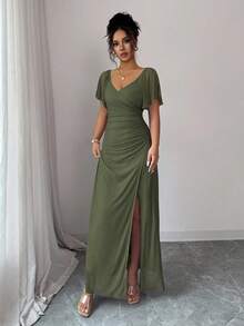 Elenzga 女士浅紫色 V 领荷叶边袖褶皱腰开叉连衣裙，优雅伴娘礼服，派对礼服，春夏 - 軍綠色 - 查看 4